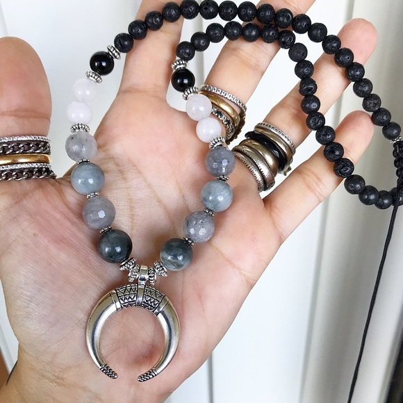 Boho quartz onyx bead chocker silver moon necklace - Picture 2 of 8